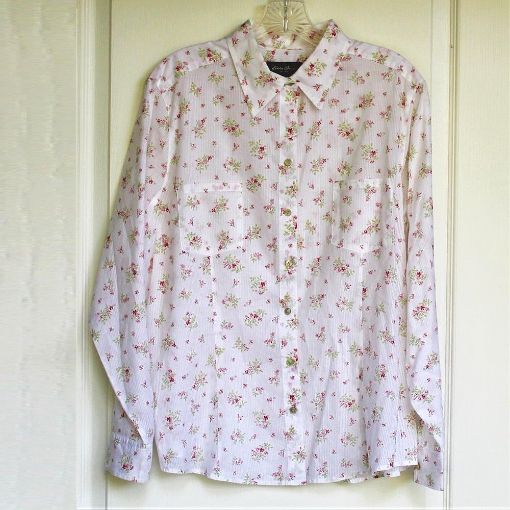 Eddie Bauer white floral button-up blouse